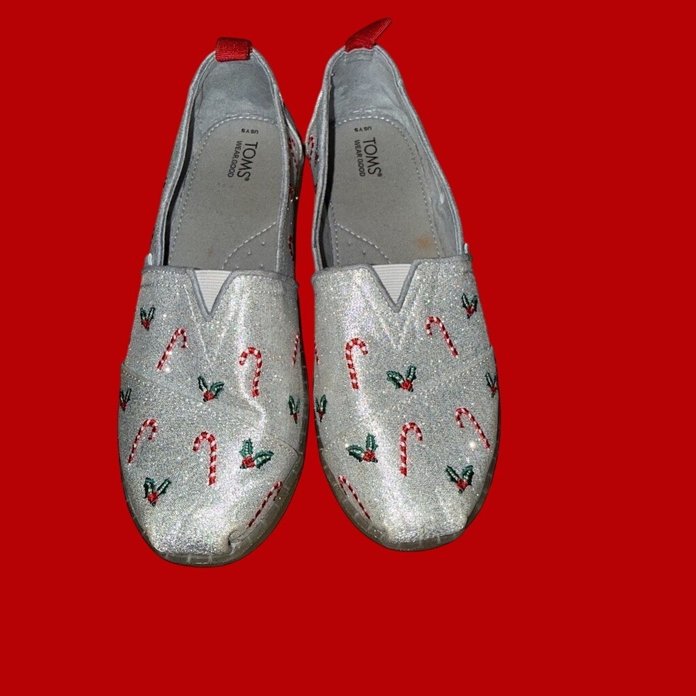 Christmas TOMS Classic Alpargata Womens Slip-On Flats Silver Glitter Size 5